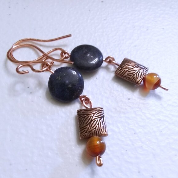 Autumn Alchemy: Copper & Lapis Coin Earrings with Russet Agate Warmth ~ Handmade - Picture 7 of 11